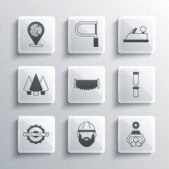 Set Lumberjack, Grapple crane grabbed log, Chisel tool, Two-handed saw, Electric circular, Christmas tree, Wooden logs and plane icon. Vector