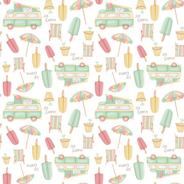 Seamless pattern witj ice cream car and sweets