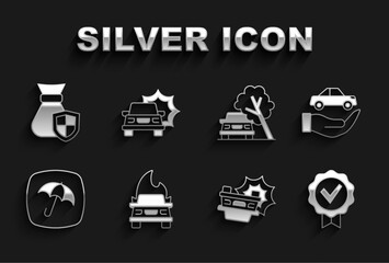 Set Burning car, Car insurance, Approved and check mark, accident, Umbrella, damaged by fallen tree, Money bag with shield and icon. Vector