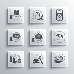 Set Car damaged by fallen tree, accident, Umbrella, House in hand, Delivery security with shield, Travel suitcase, insurance and Insurance online icon. Vector