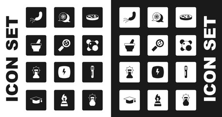 Set Petri dish with bacteria, Microorganisms under magnifier, Mortar and pestle, Bacteria, Molecule, Atom, Test tube and Explosion in the flask icon. Vector