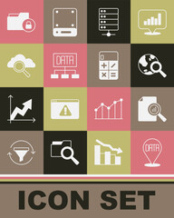 Set Data analysis, Document with graph chart, Search globe, Server, cloud computing, Folder and lock and Calculator icon. Vector