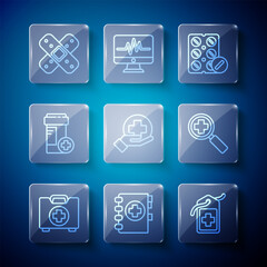 Set line First aid kit, Medical clipboard, Cross hospital medical tag, Pills in blister pack, Medicine bottle, Crossed bandage plaster and Magnifying glass for search icon. Vector