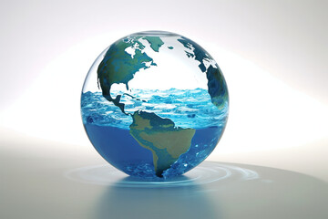 World Map on Water-Filled Glass Bowl - Fresh Water Conservation Concept