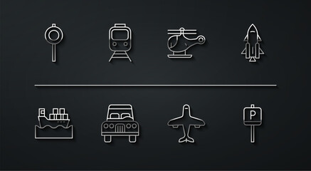 Set line Road traffic signpost, Cargo ship with boxes, Rocket fire, Plane, Train and railway, Parking and Helicopter icon. Vector