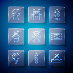 Set line Ice cream in waffle cone, Firework rocket, Fountain, Classic dart board and arrow, Teddy bear plush toy, Magician hat rabbit, Popcorn box and Ticket icon. Vector