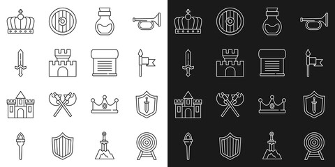 Set line Target with arrow, Medieval shield sword, spear, Poison in bottle, Castle, fortress, King crown and Decree, parchment, scroll icon. Vector