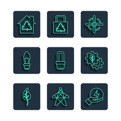 Set line Leaf or leaves, Electric tower, Lightning bolt, Wind turbine, LED light bulb, Eco House with recycling and plant gear machine icon. Vector