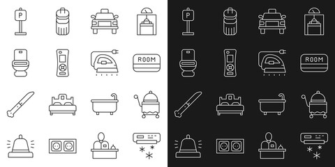 Set line Air conditioner, Covered with tray, Hotel key card, Taxi, Remote control, Toilet bowl, Parking and Electric iron icon. Vector