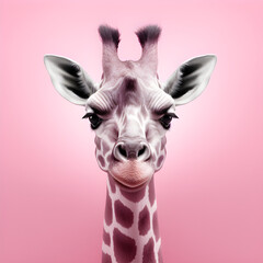 Portrait of a serious African giraffe on a pink background.Cartoon spotted, realistic giraffe.The giraffe is a symbol of happiness, good luck and prosperity.Created by AI. Advertising portrait, banner
