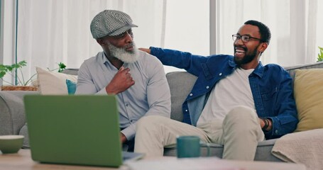 Senior father, team win and sport watching on laptop in a living room at home with app streaming online. Celebration, family and internet with bonding, web and game cheer of black people together