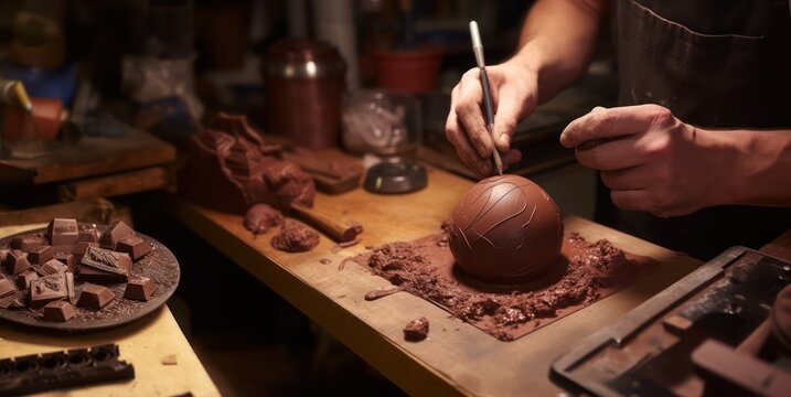 A process of making craft chocolate. Human hands at work, close-up, low key, selected focus.