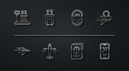 Set line Scale with suitcase, Plane, Airplane search, Passport, Suitcase, Mobile ticket and window icon. Vector