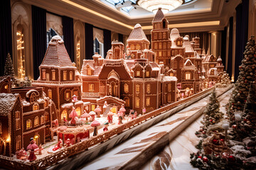 holiday concept. Merry and happy New Year background. Big gingerbread houses in the hotel lobby with lights and Christmas decorations. 