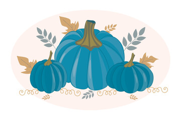 Blue pumpkins with autumn leaves an element for a postcard