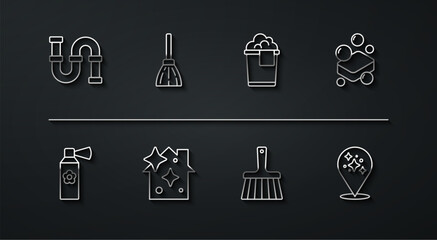 Set line Industry metallic pipe, Air freshener spray bottle, Bar of soap, Handle broom, Home cleaning service, and Bucket with foam icon. Vector