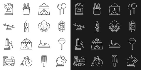 Set line Magic ball, Lollipop, Hotdog sandwich, Circus tent, ticket, Seesaw, Ticket box office and Clown head icon. Vector