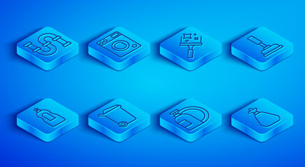 Set line Industry metallic pipe, Washer, Rubber cleaner for windows, Trash can, Dishwashing liquid bottle, plunger, and Garbage bag icon. Vector