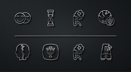 Set line Comedy and tragedy masks, Bipolar disorder, Psychology, Psi, Helping hand, Old hourglass, Metronome with pendulum and Head heart icon. Vector