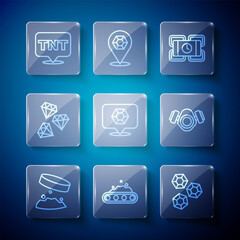 Set line Giant magnet holding iron dust, Conveyor belt carrying coal, Gem stone, Dynamite, and Gas mask icon. Vector