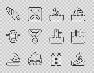 Set line Windsurfing, Surfboard, Glasses for swimming, Medal, Aqualung and Swimming pool with ladder icon. Vector