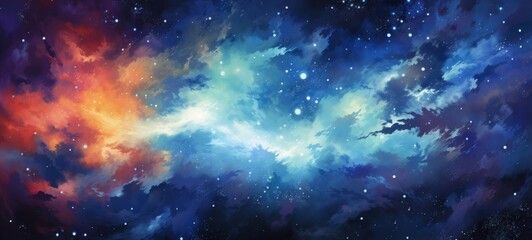 Painting of blue orange sky galaxy texture with stars - Abstract background illustration