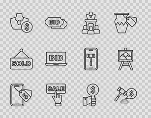 Set line Online auction, Auction hammer price, jewelry sale, Price tag with Sale, Hand holding paddle and painting icon. Vector