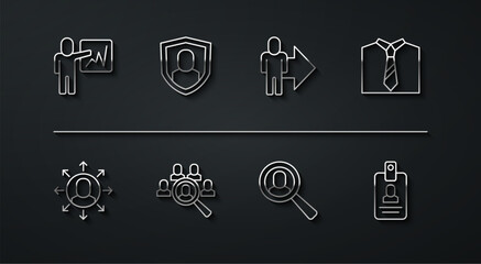 Set line Leader of a team of executives, Multitasking manager working, Tie, Magnifying glass for search job, User protection, Identification badge and icon. Vector