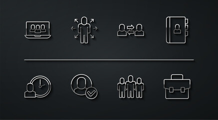 Set line Project team base, Work time, Resume, Worker, Multitasking manager working, Briefcase and Exchange icon. Vector