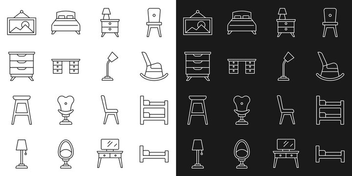 Set line Bed, Bunk bed, Rocking chair, Nightstand with lamp, Office desk, Furniture nightstand, Picture and Table icon. Vector