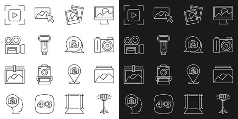 Set line Studio light bulb in softbox, Photo frame, camera, flash, Retro cinema, Camera focus line and icon. Vector