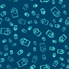 Green line Bucket with foam and bubbles icon isolated seamless pattern on blue background. Cleaning service concept. Vector