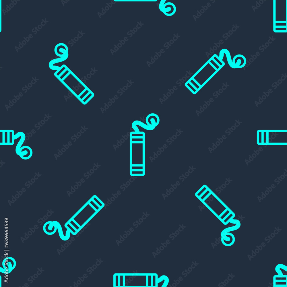 Sticker Green line Detonate dynamite bomb stick icon isolated seamless pattern on blue background. Time bomb - explosion danger concept. Vector