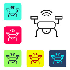 Black line Smart drone system icon isolated on white background. Quadrocopter with video and photo camera symbol. Set icons in color square buttons. Vector