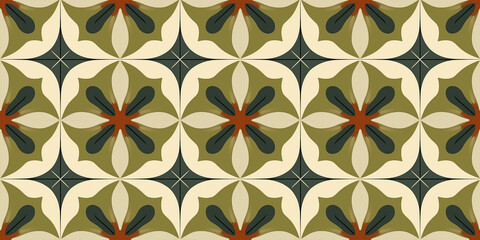 Fototapeta premium Calming olive green and beige tiles seamless pattern. Concept: Soothing Spanish-inspired prints for walls.