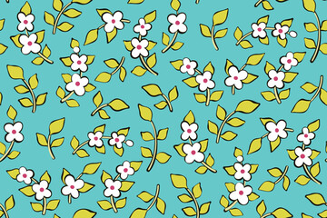 Seamless floral pattern, abstract ditsy print with cute sketch plants. Simple botanical design: small hand drawn spring branches, tiny line drawing flowers, leaves on a blue background. Vector.