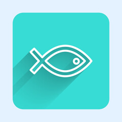 White line Christian fish symbol icon isolated with long shadow background. Jesus fish symbol. Green square button. Vector