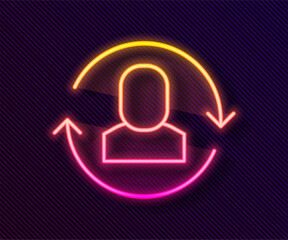 Glowing neon line Exchange work icon isolated on black background. Information exchange between people. Employee or people Replacement or swap position concept. Vector