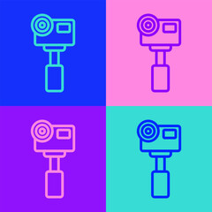 Pop art line Action extreme camera icon isolated on color background. Video camera equipment for filming extreme sports. Vector