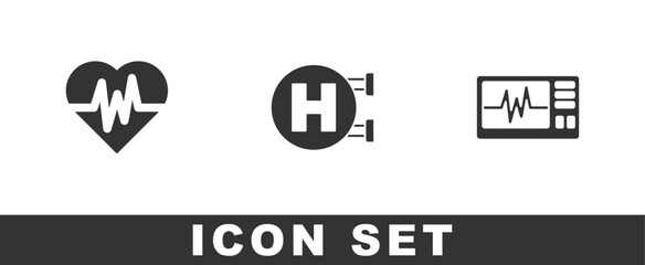 Set Heart rate, Hospital signboard and Monitor with cardiogram icon. Vector