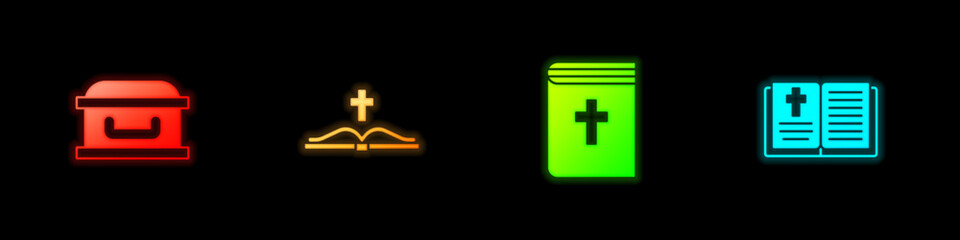 Set Coffin with cross, Holy bible book, and icon. Vector