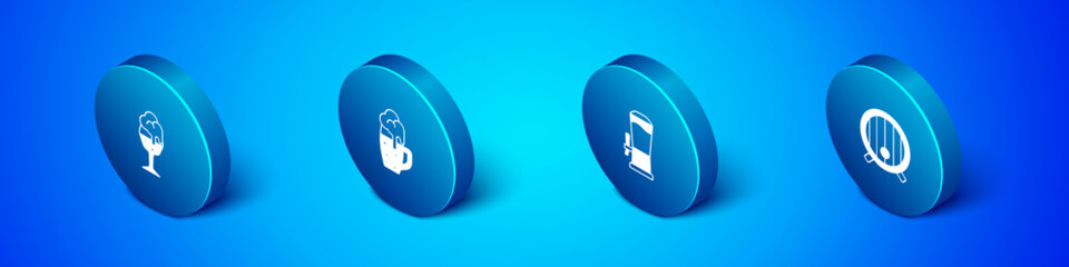 Set Isometric Glass of beer, Beer tap, Wooden barrel and icon. Vector