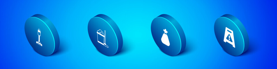 Set Isometric Vacuum cleaner, Garbage bag, Wet floor and Mop and bucket icon. Vector