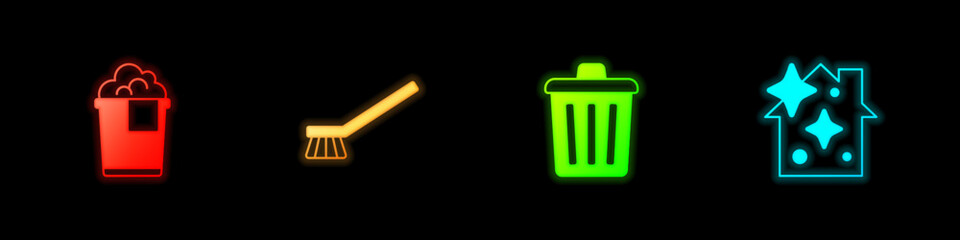Set Bucket with foam, Brush for cleaning, Trash can and Home service icon. Vector