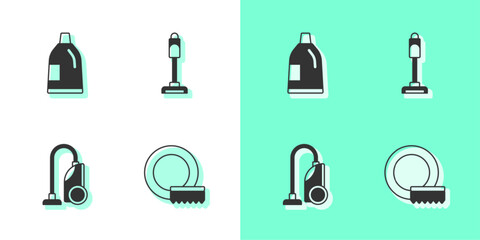 Set Washing dishes, Bottle for cleaning agent, Vacuum cleaner and icon. Vector