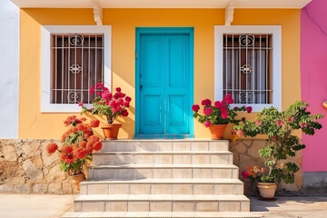Colorful house with door window and stairs