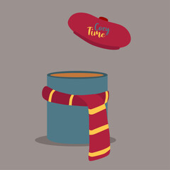 Cozy Time Illustration with Cup Of  Hot Tea and Beret ,Scarf