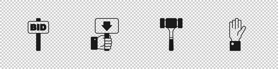 Set Hand holding auction paddle, Auction hammer and icon. Vector