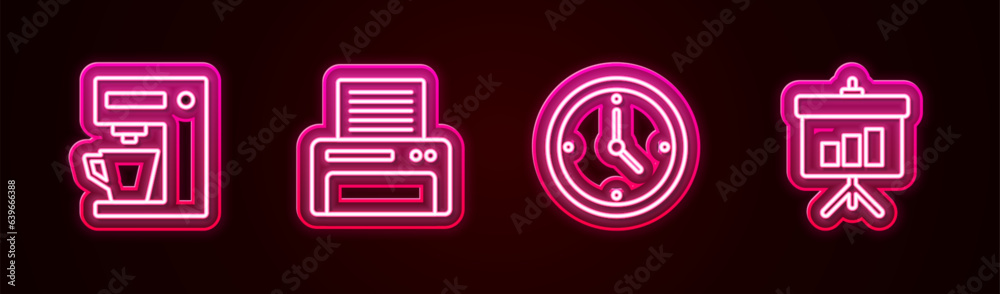 Canvas Prints Set line Coffee machine, Printer, Clock and Chalkboard with diagram. Glowing neon icon. Vector