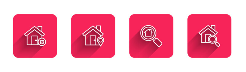 Set line House with wrong mark, Location house, Search and with long shadow. Red square button. Vector